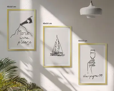 Zestaw 3 obrazów do salonu wino żaglówka i kieliszek w stylu line art