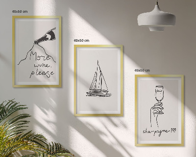Zestaw 3 obrazów do salonu Wino żaglówka kieliszek line-art