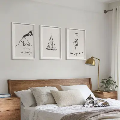 Zestaw 3 obrazów do salonu wino żaglówka i kieliszek w stylu line art