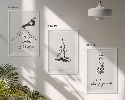 Zestaw 3 obrazów do salonu wino żaglówka i kieliszek w stylu line art