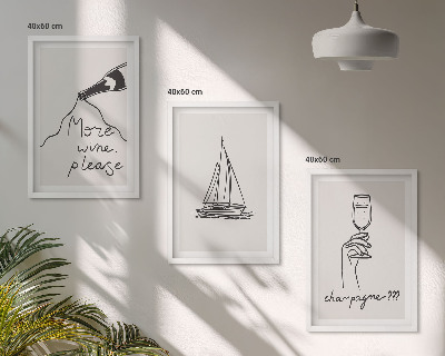 Zestaw 3 obrazów do salonu Wino żaglówka kieliszek line-art