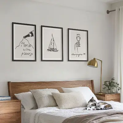 Zestaw 3 obrazów do salonu wino żaglówka i kieliszek w stylu line art