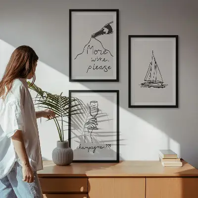 Zestaw 3 obrazów do salonu wino żaglówka i kieliszek w stylu line art