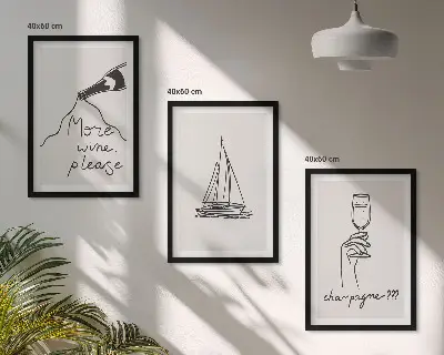 Zestaw 3 obrazów do salonu wino żaglówka i kieliszek w stylu line art
