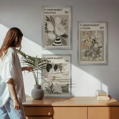 Kompozycja obrazów na ścianę Kwiaty retro z miast świata