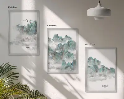 Zestaw 3 obrazów do salonu z górami, chmurami, ptakami i łodzią w stylu japandi