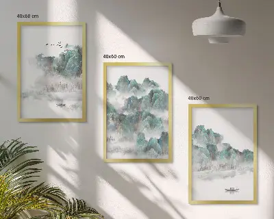 Zestaw 3 obrazów do salonu z górami, chmurami, ptakami i łodzią w stylu japandi