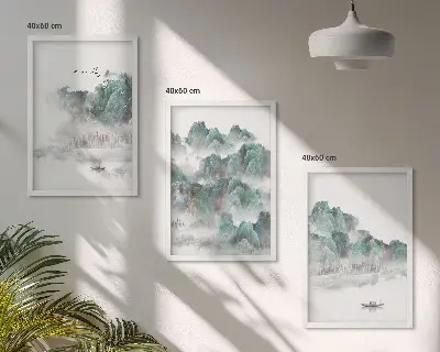 Zestaw 3 obrazów do salonu z górami, chmurami, ptakami i łodzią w stylu japandi