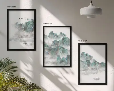 Zestaw 3 obrazów do salonu z górami, chmurami, ptakami i łodzią w stylu japandi