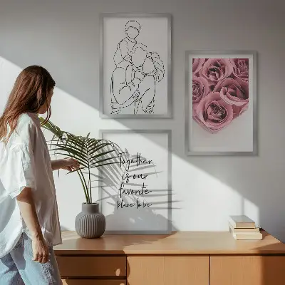Zestaw 3 obrazów do salonu rodzina line-art z bukietami róż