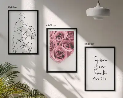 Zestaw 3 obrazów do salonu rodzina line-art z bukietami róż