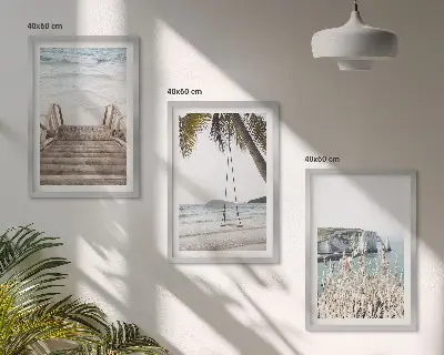 Kompozycja obrazów na ścianę plaża z drewnianymi schodami i huśtawką