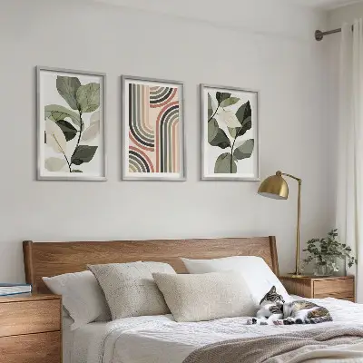 Zestaw obrazów do salonu z roślinnymi motywami geometrycznymi