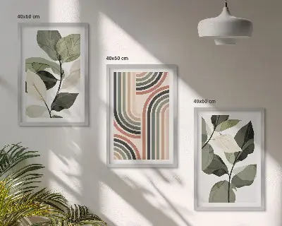 Zestaw obrazów do salonu z roślinnymi motywami geometrycznymi