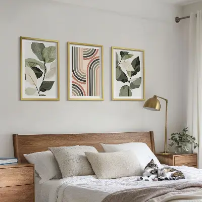 Zestaw obrazów do salonu z roślinnymi motywami geometrycznymi