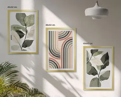 Zestaw obrazów do salonu z roślinnymi motywami geometrycznymi