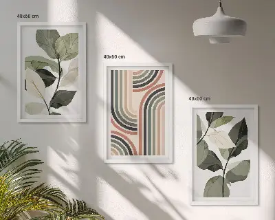 Zestaw obrazów do salonu z roślinnymi motywami geometrycznymi