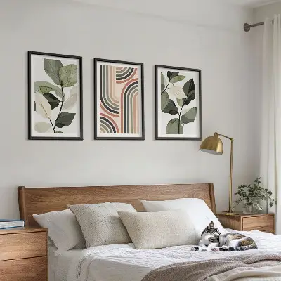 Zestaw obrazów do salonu z roślinnymi motywami geometrycznymi