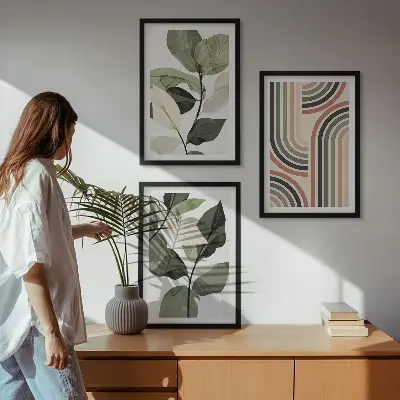 Zestaw obrazów do salonu z roślinnymi motywami geometrycznymi