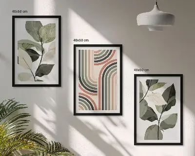 Zestaw obrazów do salonu z roślinnymi motywami geometrycznymi
