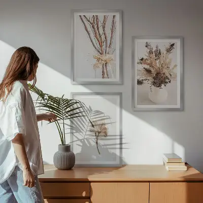 Zestaw 3 obrazów do salonu kwiaty i gałęzie w stylu minimalistycznym