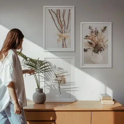 Zestaw 3 obrazów do salonu kwiaty i gałęzie w stylu minimalistycznym