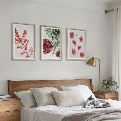 Zestaw 3 obrazów do salonu czerwone owoce i rośliny w stylu minimalistycznym