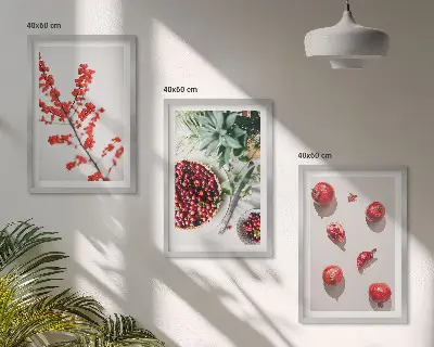 Zestaw 3 obrazów do salonu czerwone owoce i rośliny w stylu minimalistycznym
