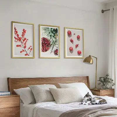Zestaw 3 obrazów do salonu czerwone owoce i rośliny w stylu minimalistycznym