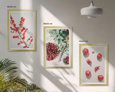 Zestaw 3 obrazów do salonu czerwone owoce i rośliny w stylu minimalistycznym