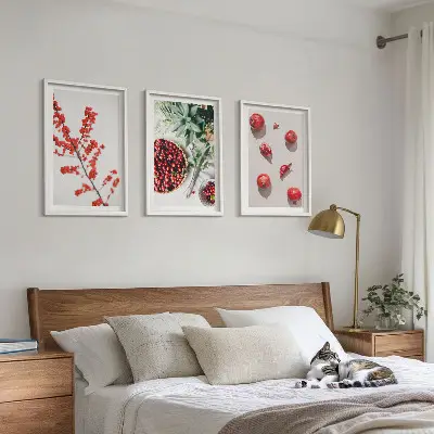 Zestaw 3 obrazów do salonu czerwone owoce i rośliny w stylu minimalistycznym