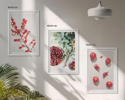 Zestaw 3 obrazów do salonu czerwone owoce i rośliny w stylu minimalistycznym