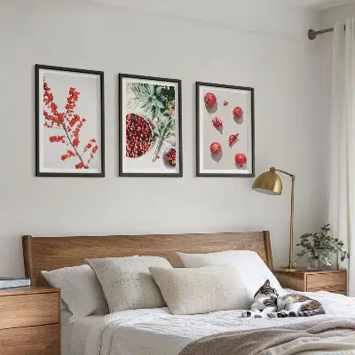 Zestaw 3 obrazów do salonu czerwone owoce i rośliny w stylu minimalistycznym