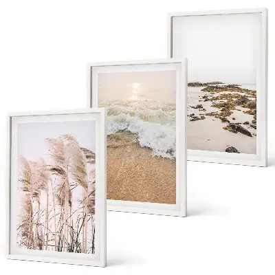 Zestaw 3 obrazów do salonu z plażowymi trawami, falami i kamieniami w stylu boho