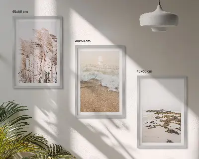 Zestaw 3 obrazów do salonu z plażowymi trawami, falami i kamieniami w stylu boho
