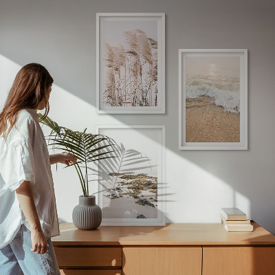 Zestaw 3 obrazów do salonu Plażowe trawy fale kamienie boho
