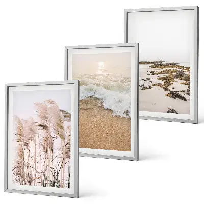 Zestaw 3 obrazów do salonu z plażowymi trawami, falami i kamieniami w stylu boho