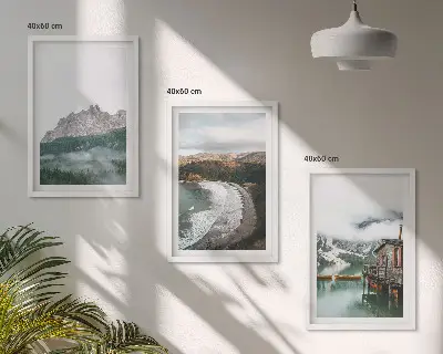 Zestaw obrazów do salonu górskie plaże i drewniany dom