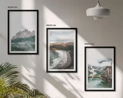 Zestaw obrazów do salonu górskie plaże i drewniany dom