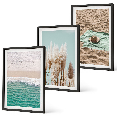 Zestaw obrazów do salonu Plaża fale trawa kapelusz