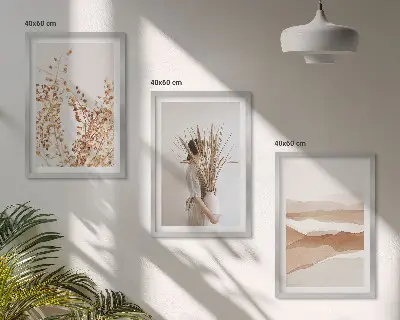 Kompozycja obrazów na ścianę z roślinnymi motywami w stylu rustykalnym boho