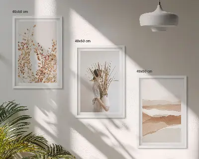 Kompozycja obrazów na ścianę z roślinnymi motywami w stylu rustykalnym boho