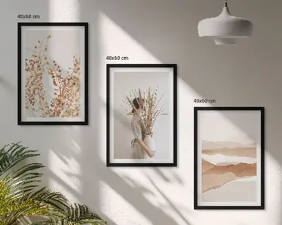 Kompozycja obrazów na ścianę z roślinnymi motywami w stylu rustykalnym boho