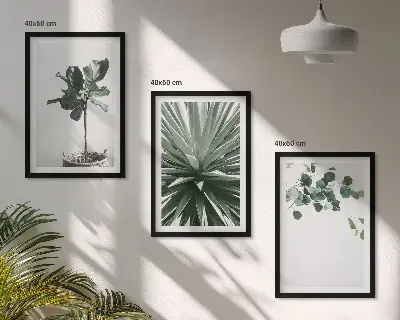 Zestaw obrazów do salonu z motywem zielonych roślin w stylu minimalistycznym