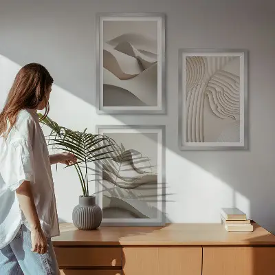 Abstrakcyjne fale beżowe zestaw 3 obrazów do salonu