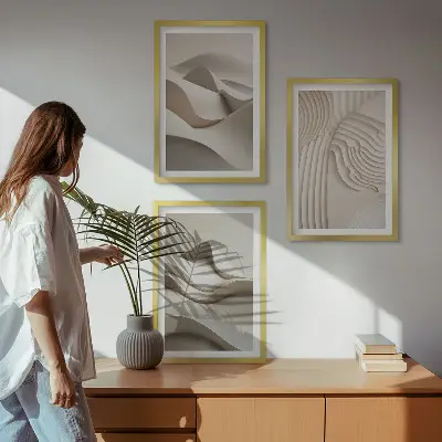 Abstrakcyjne fale beżowe zestaw 3 obrazów do salonu