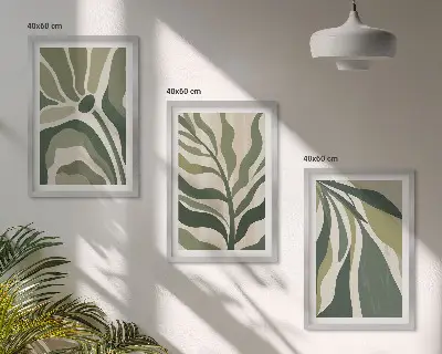 Zestaw obrazów do salonu z malowanymi zielonymi liśćmi