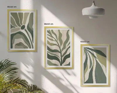 Zestaw obrazów do salonu z malowanymi zielonymi liśćmi