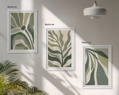 Zestaw obrazów do salonu z malowanymi zielonymi liśćmi