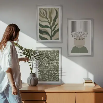 Kompozycja obrazów na ścianę liście o geometrycznych kształtach